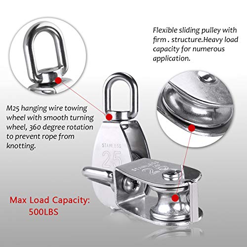 2Pcs M25 Single Pulley Block With 3Pcs Spring Snap Hook Carabiner, Heavy Duty 304 Stainless Steel Pulley Roller & 3'' Spring Snap Hooks, Pully Crane Swivel Hook Wire Rope Cable Loading 331Lbs/150 Kg #TOP1