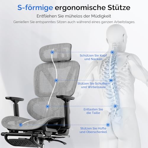Bürostuhl Ergonomisch, Schreibtischstuhl mit Fußstütze, 90-135° Verstellbare Rückenlehne, Office Chair Lendenwirbelstütze, 4D PUArmlehnen, Stabile Metallbeine, Extra Breites Kissen Büro Gaming Stuhl