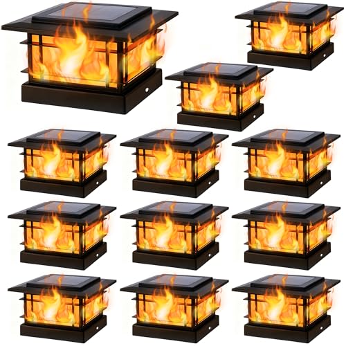 Dynaming 4x4 Solar Post Cap Lights Outdoor with Flickering Flame Light, 12 Pack Black Shell Fence Post Solar Lights Fit Vinyl/Wooden Posts, Brightness LED Lighting Decor for Garden Deck Patio