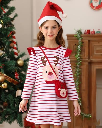 Toddler Girls Halloween Dress: Cotton Ruffle Long Sleeve Dresses with Bags Christmas, Holiday, Party Outfits for 2-7T2
