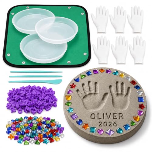 3 Sets DIY Stepping Stone Kit for Kids, Handprint Garden Stone Kit with Round Mold, Letter and Number Stamps, Shaped Mosaic Gems, Tools, Gloves and Mat for Outdoor Yard Decor (M)