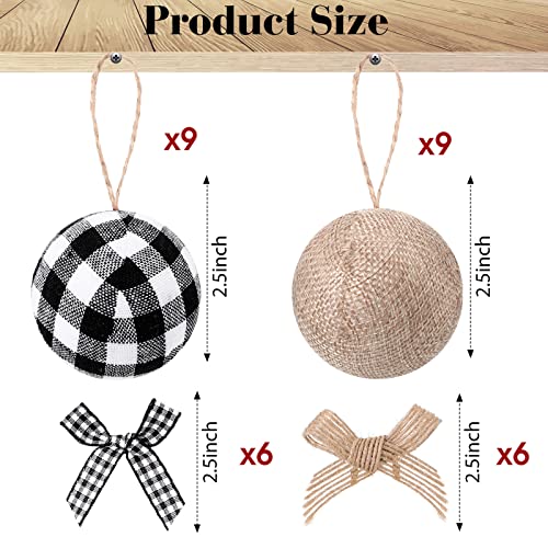 30 Pcs Christmas Tree Ornaments Decorations,18 Buffalo Plaid Burlap Farmhouse 2.4in Christmas Ball Ornament with 12 Mini Plaid Burlap Bows for Country Rustic Xmas Home Decor Indoor(White Black) - Image 2