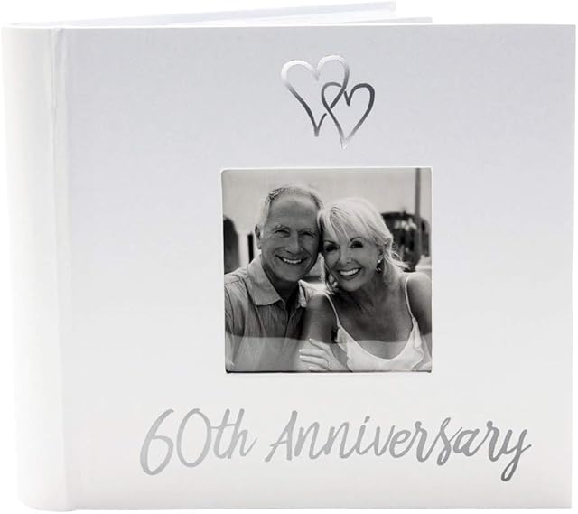 Happy Homewares Lovely Diamond 60th Wedding Anniversary Photo Album with Double Heart Decoration - Inner Lining Pages to Personalize