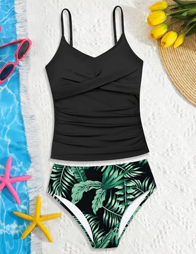 Image of Girls Swimsuit 2 Piece Bathing Suit Criss Cross Ruched Girl Tankini Sets Printed Girls' Swimwear for 9-18 Years