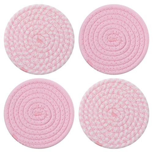 Classicseali 4Pcs Pink Coaster Cotton Pink Coasters for Desk 4.3 in Coasters Cute Absorbent Handmade Woven Coaster for Drinks Apartment Essentials for Mom from Daughter