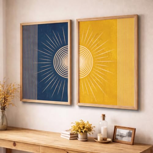 Image of YANVEER Modern Sunburst Abstract Wall Art Painting | Boho Minimalist Sun Art Home Decoration Painting With Frame For Living Room Bedroom Office Wall Decor Size (13X17 inch)