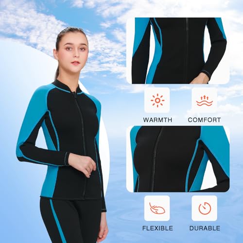 FLEXEL Wetsuit Top for Women and Men 2mm 3mm Neoprene Wet Suit Jacket Front Zip Long Sleeve Keep Warm in Cold Water for Surfing Swimming Diving Snorkeling