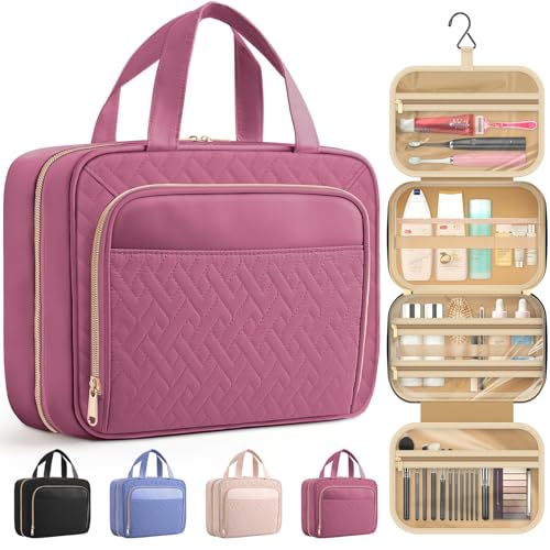 Image of HOTOR Travel Toiletry Bag for Women & Men, Waterproof Makeup Bag with Hanging Hook and Multiple Pockets, Cosmetic Bags for Women, Travel Essentials, 11.2'' x 3.2'' x 8.9'', Rosewood-Pink