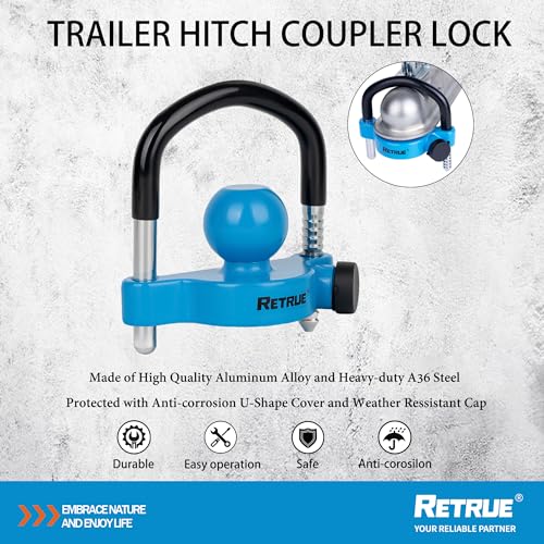 Image of RETRUE Universal Trailer Ball Lock Hitch Coupler Locks Fits 1-7 /8 Inch, 2 Inch, 2-5 /16 Inch Couplers Adjustable Security with Weatherproof Cover and Cap, Blue