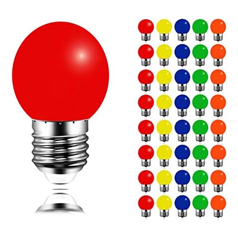 40 Pack Coloured LED Bulbs Golf Ball E27 3W, AC220V, Non-dimmable, Plastic Cover, Multicoloured Bulbs for Outdoor Indoor String/Wedding/Party/Bar/Mood Ambiance Decor (Red Yellow Blue Green Orange) Cover