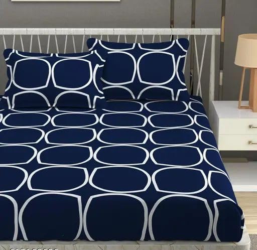 Image of KAWI Cotton Blend Elastic Fitted Bedsheet Queen Size Double Bed (78 inchX 72 inch) - Navy Blue Circle Print
