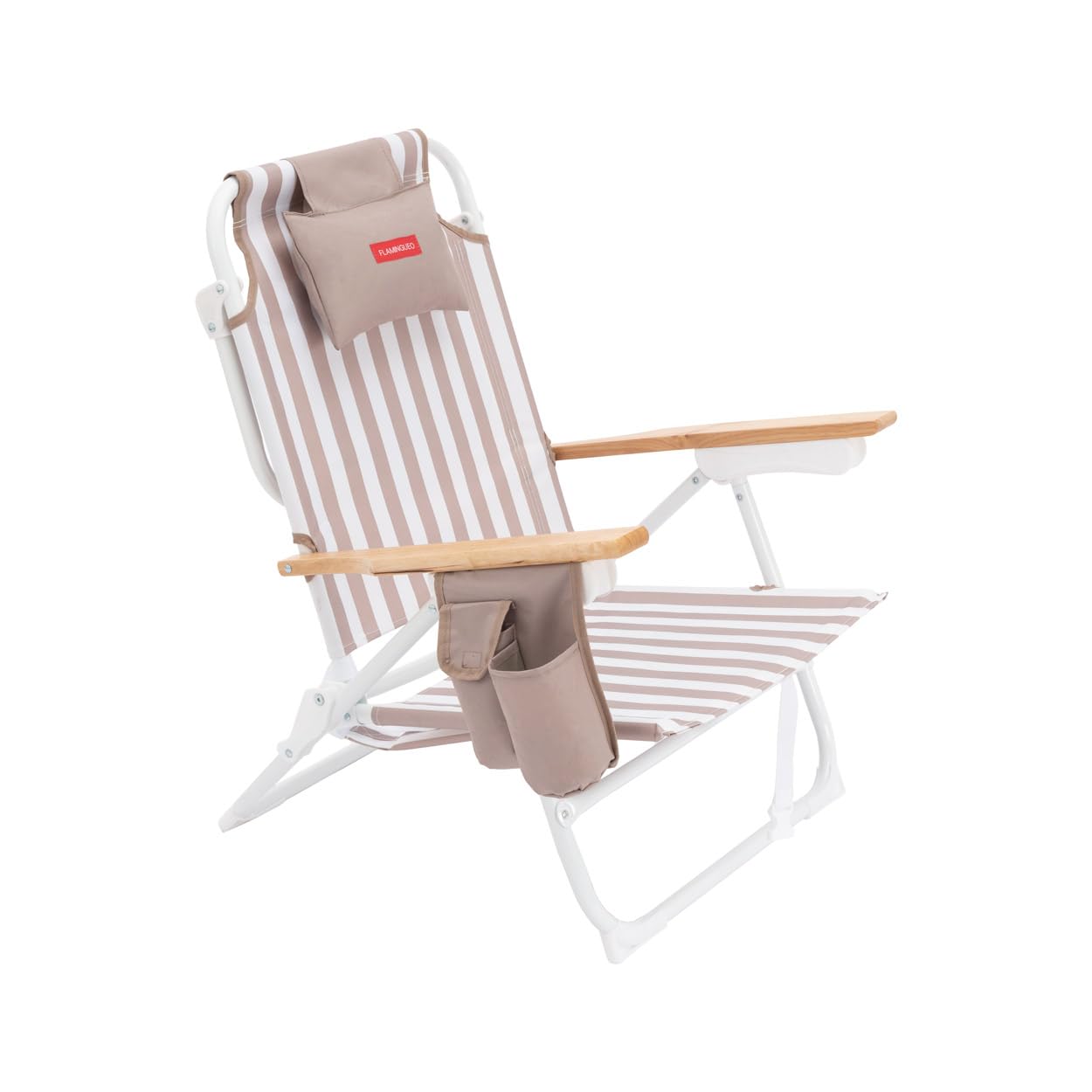 Flamingueo Chaise de Plage Pliante - 5 Positions d’Inclinaison - Poche Isotherme - Poche pour Mobile - Poignées Sac à Dos - Oreiller Ergonomique - Aluminium et Polyester - Beige