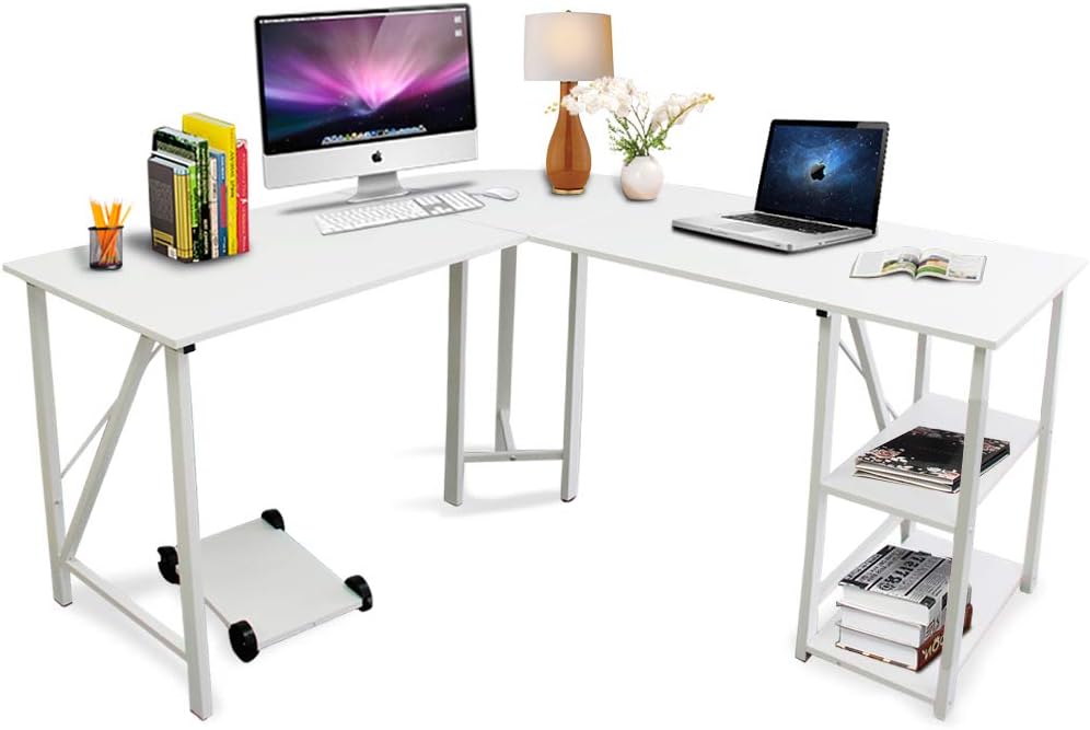 Bizzoelife 59"x55" Large L-Shaped Corner Computer Desk, Modern Home Office PC Laptop Gaming Table with CPU Stand and Bookshelf, Wood & Metal Teens Writing Study Workstation for Space-Saving (White)