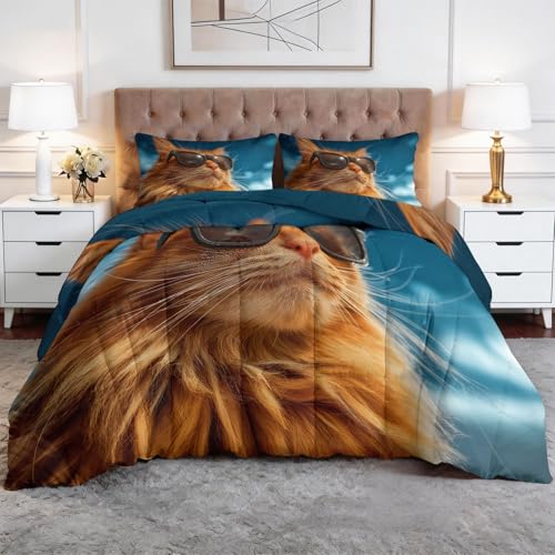 Genérico Edredón Nórdico 150 x 220 cm Animales Cachorros Gafas De Sol Trapunta con Acolchado en Rombos, Microfibra Premium 4 Estaciones – Antiapelmazamiento, Set de Cama 3 Piezas, Azul