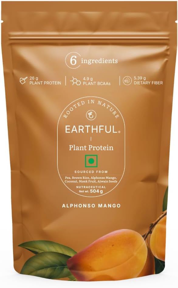Earthful Honest Plant Protein | 24g Protein/Serving & 4.9g BCCAs | For Weight Management, Energy, Muscle Support & Recovery | Made with Pea & Brown Rice | Alphonso Mango - 504g