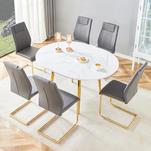 Image of Round Dining Table Set for 6, 42-54 inch Extendable Dining Table Set with 6 Upholstered Chairs, White Faux Marble Style, Space-Saving Round Kitchen & Dining Room Table Set with 6 Dark Gray Chairs