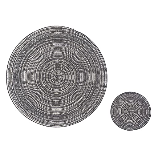 SCF2017 Round Woven 12Pcs Cotton Placemats, Heat Resistant Washable 30cm Table Mats and 11cm Coasters,Black - Image 3