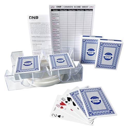 DNB Canasta Card Game Set - Includes 2 Decks of Blue Scored Playing Cards a Revolving Card Tray 50-Page Score Pad and Game Instructions