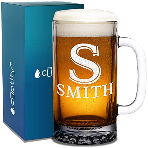 Personalized Beer Mug Glass Monogram Initial and Name Laser Engraved 16 oz Drinking Glasses Customized Birthday Gift for Men and Women