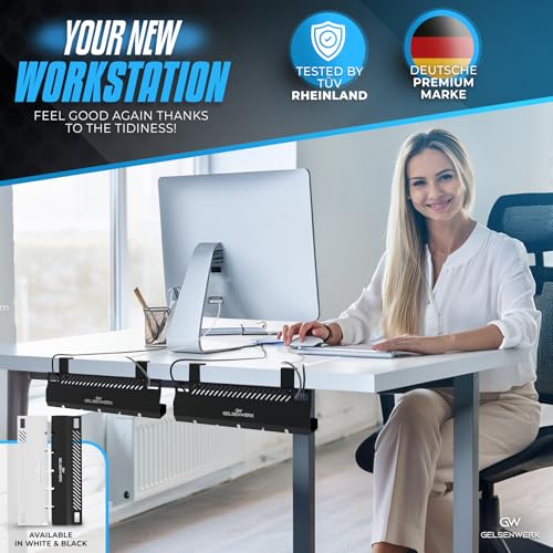 GELSENWERK® Kanał kablowy na biurko czarny zestaw 2 szt. – Zarządzanie kablami na biurku dla czystego prowadzenia kabli – Metalowa tacka kablowa bez wiercenia – Organizer kabli - 2 sposoby montażu
