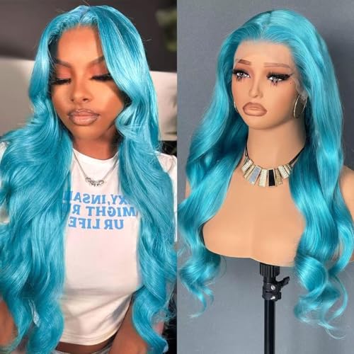 Image of 200% Density Lake BlueLace Front Wig Human Hair Body Wave13x4 UHD Transparent Lace Human HairWigs for Women Pre Plucked Pre LaceFrontal Wig Virgin Brazilian Hair 20inch