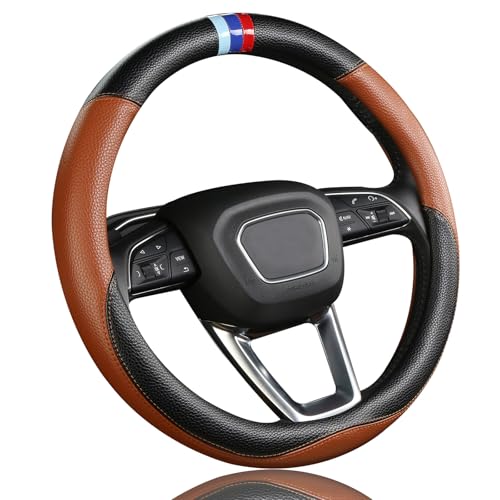 レザーハンドルカバー - ユニバーサルカーハンドルカバー 車/SUV/トラック用 滑り止め裏地付き (ブラウン)（Amazon）