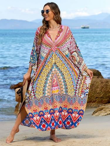 Image of IMAGEKOPE Women's Plus Size Animal Print V-Neck Batwing Kaftan Beach Dress Bathing Suit Cover-Up Loungewear