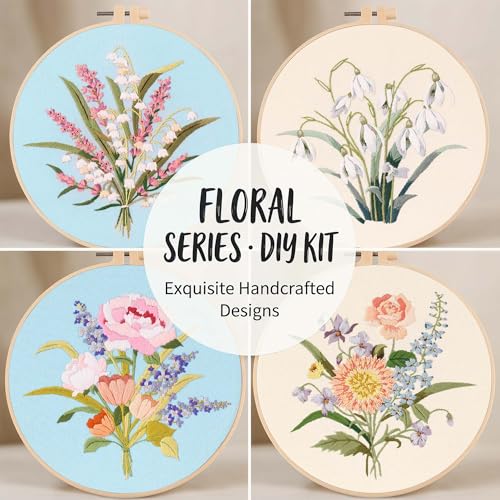 Image of Harimau Adult Beginner Embroidery Starter Kit, Complete Set with 4 Patterns, 2 Hoops, Needles, Scissors, Instruction Guide & Stitching Video Tutorials