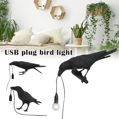 Image of Raven Bird Lamp,Vintage Resin Crow Lamp with E14 Blub, Wall Mounted Gothic Wall Sconce Night Light Fixture with Plug in Cord for Living Room Bedroom Art Deco