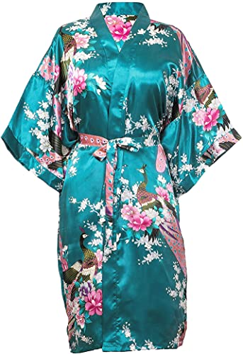 Trifolium Kimono Robe Silky Satin Bath Gown Peacock And Blossoms Nightgown Oriental Floral Bathrobe Gift Bridesmaid Wedding Sexy Pyjama (Teal Blue, UK 18-20)