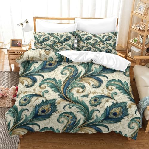 Linge de lit plumes de paon housse de couette 200x200 imprimé 3D avec zip - 3