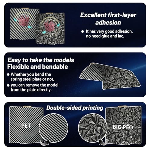Image of JUUPINE 3D Printer Build Plate for Bambu Lab X2D /X1 /X1C /X1E /P1P /P1S /P2S /A1 3D Printer,Diamond PEO+Carbon Fiber PET Surface 257x257mm Spring Steel Plate,Double Sided Flexible Sheet Heatingbed Platform.