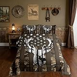 American Flag Queen Comforter Set, Brown Camouflage Grey Antlers and Leaves Down Comforter for Man Adult,Camo Hunting Deer Animal Camping Bedding Set Stars Stripes USA Flag Quilt,Farmhouse Style