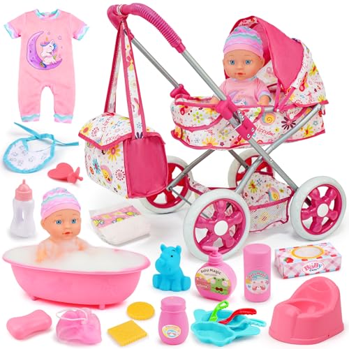 Baby Doll Stroller Set Toys for Girls Toddlers 3-5 4-6 5-7, Baby Doll Playset with 11' Doll, Bathtub and 20PCS Baby Doll Accessories, Baby Stroller Toys for 2 3 4 5 Year Old Girls Birthday Gifts