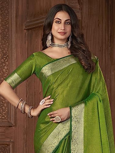 Image of AKHILAM Women's Pink Woven Design Tissue Saree With Unstitched Blouse Piece