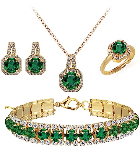 Paxuan Platinum/Gold Plated Cubic Zirconia Diamond Wedding Jewelry Sets Bridal CZ Pendant Necklace Stud Earrings Link Bracelets Rings Set for Women