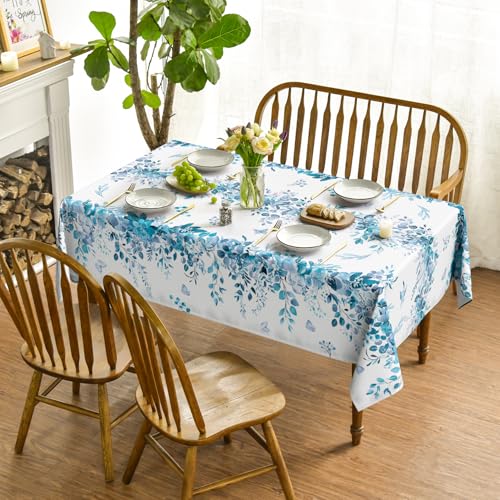 Image of Horaldaily Spring Tablecloth 60x104 Inch Rectangular, Eucalyptus Floral Blue Table Cover for Party Picnic Dinner Decor