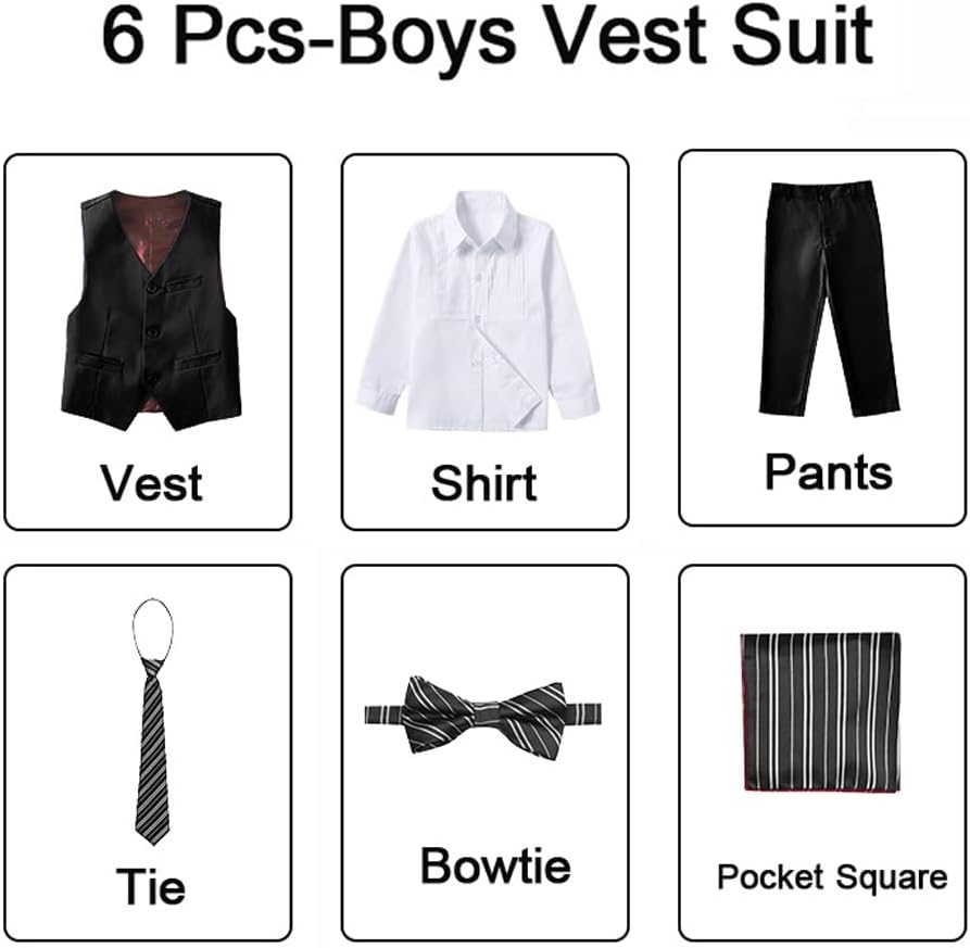 Boys Formal Suit Vest and Pants Set 6 Pieces Suits for Boy Wedding Ring Bearer Outfit for Kids Tuxedo