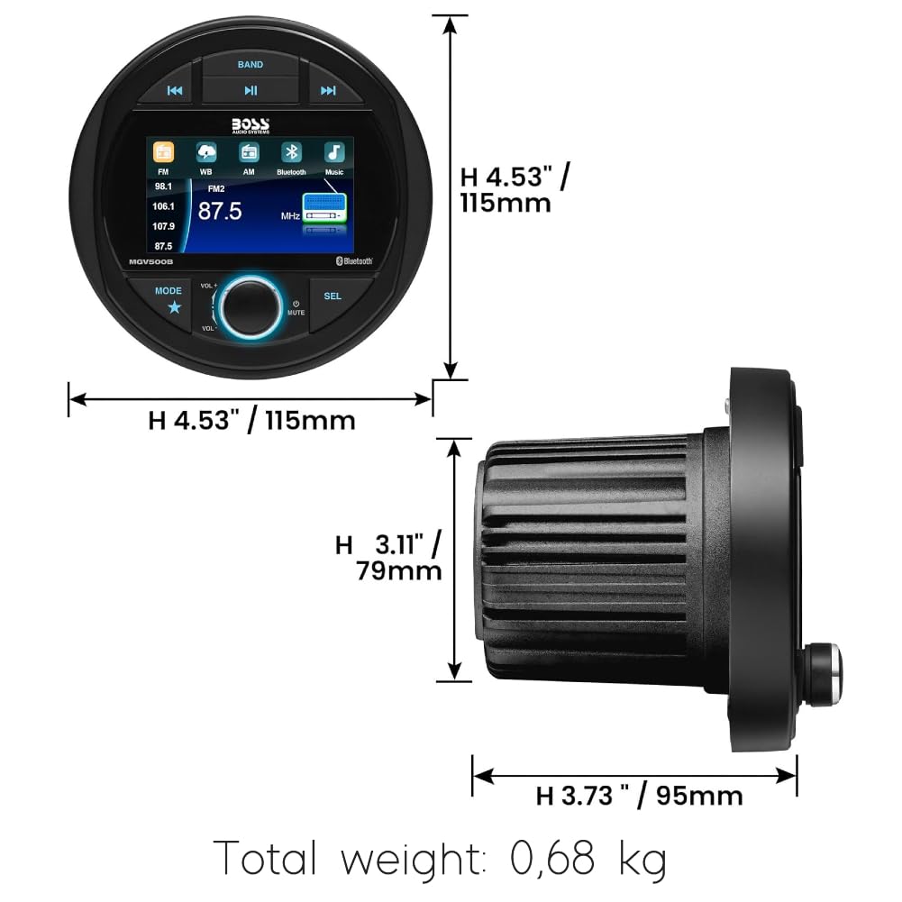 KIT SET PER BOSS AUDIO SYSTEMS MGV500B, 1 stereo marino ricevitore AM/FM, gauge digital media receiver, bluetooth integrato, waterproof, 1 pezzo + accessori