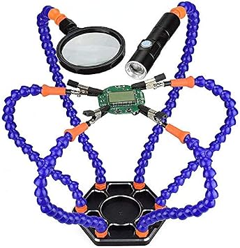 Helping Hand Soldering Third Hands Vise with 6 Flexible Arms LED Flashlight Magnifying Glass Aluminum Base for Soldering, Assembly, Repair, Modeling, Hobby, Crafts, Jewelry Making