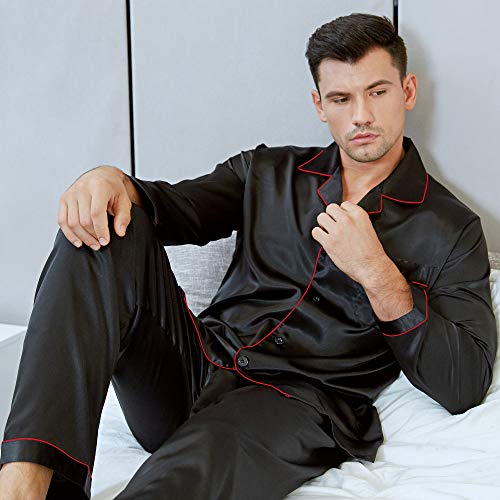 Lonxu Pajamas Set Mens Silk Satin Pajamas Long Sleeve Loungewear Two-Piece Sleepwear Button-Down Pj Set S-XXXXL (Black Red, M)
