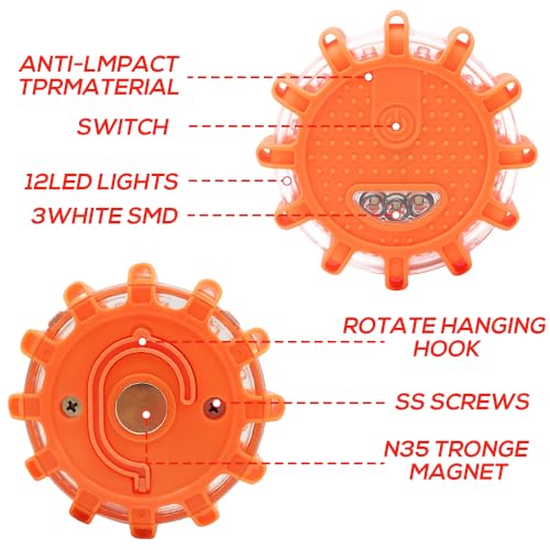 CJBIN Warnleuchte, 2 Stück Warnblinkleuchte, Wasserdichte Warnblitzer mit Magnet, Haken und 9 Blinkend Leuchtmodi für Kfz, Lkw, Traktor, Boot, Camping