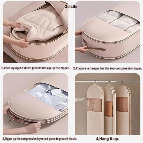 Space Saving Hanging Garment Bag with Self Compression Zipper, Space Saving Hanging Garment Bag, Heavy Duty for down Coat, Saver Closet Organizers (Pink, L)2