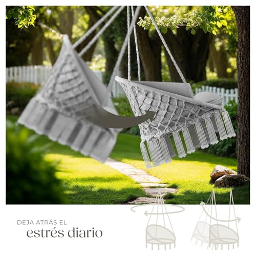 Miniatura 4 de Tectake Columpio Jardín Exterior, Silla Colgante Con Cojín Grande Y Mullido, Sillón Balancín Con Estructura Estable De Acero, Hamaca Colgante Para Interior Y Exterior, Trenzado En Algodón - Gris