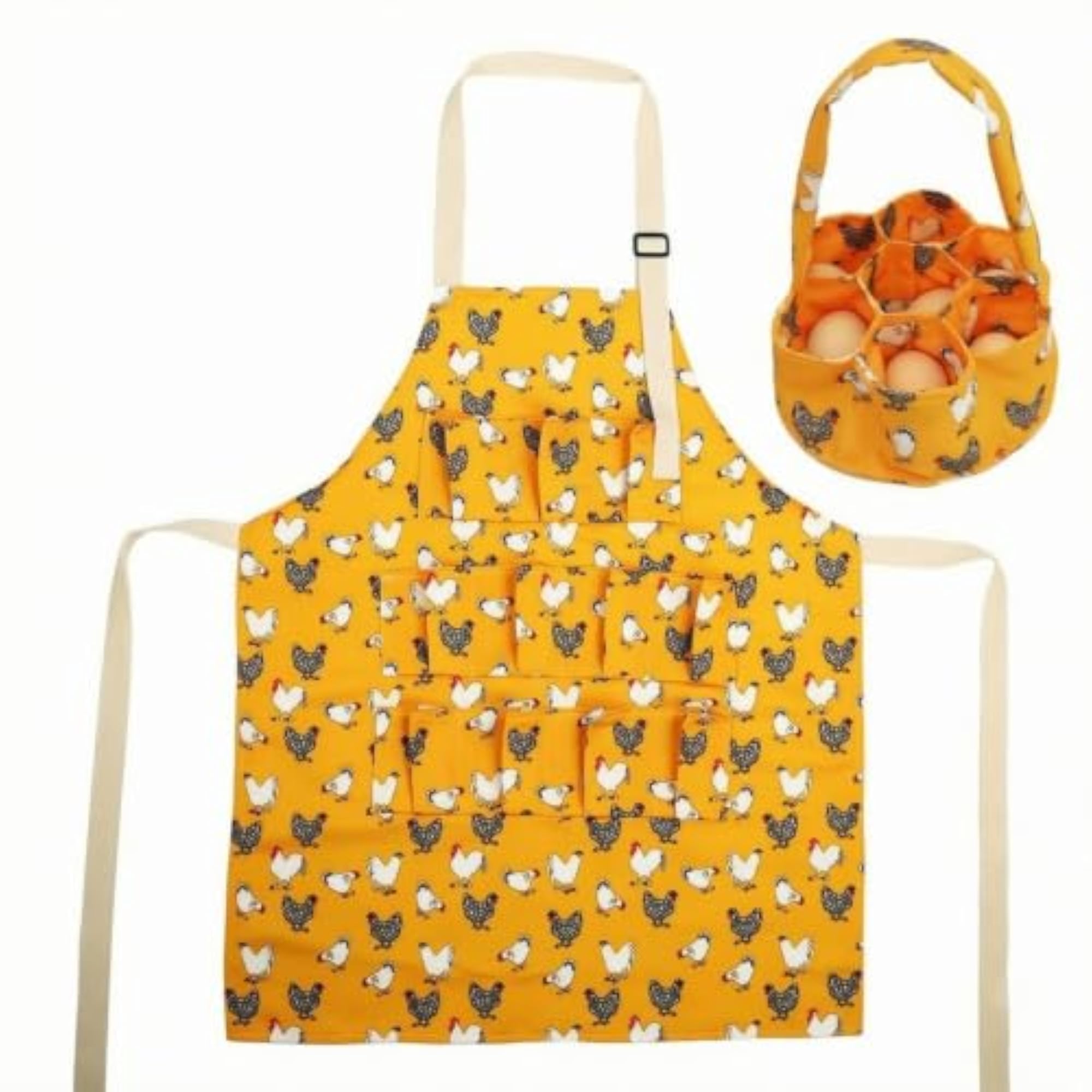 Stitched Pockets Egg Collecting Bib Apron, Adjustable