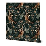 Spoonflower Peel & Stick Wallpaper 3ft x 2ft - Tiger Peacock Bird Asian Flowers Floral Chinese Tree Dark Custom Removable Wallpaper
