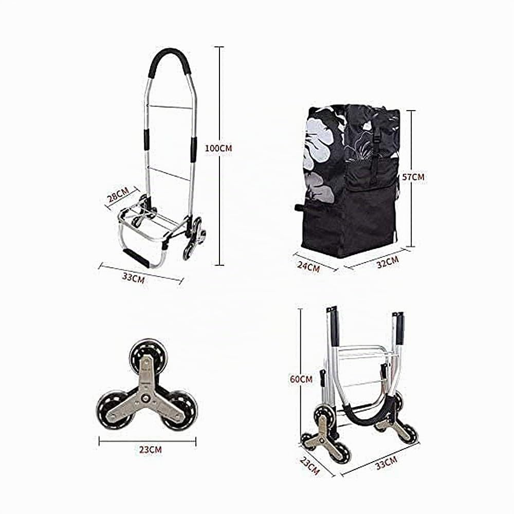 Chariot de Courses Pliable 6 Roues avec Monte-Escalier,Sac Amovible et Cordon Élastique Réglable,2 Poches Supplémentaires,Capacité Maximale 50kg 45L