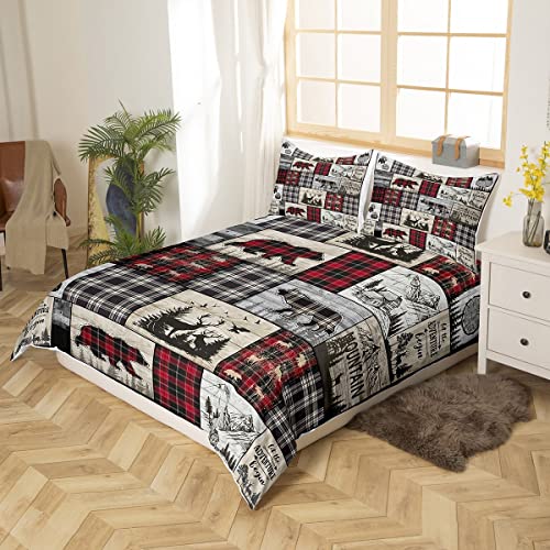Rustic Cabin Duvet Cover King Woodland Wolf Deer Bear Bedding Set For Kids Adults,Red Black Buffalo Plaid Comforter Cover Wildlife Camping Lodge Mountain Bed Set Southwestern Farmhouse Decor #TOP2