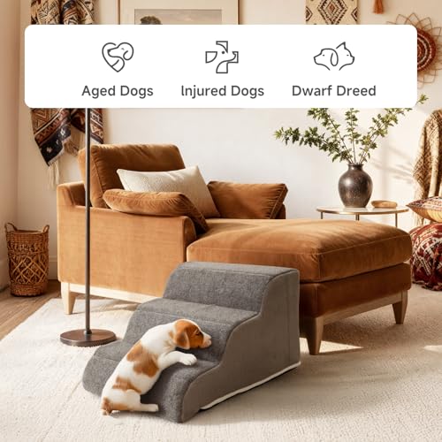 Image of 3-Step Sturdy Foam Dog Stairs with PE Support Board, Cover Removable, Pet Steps for Small to Medium Dogs & Cats, 13''H Dog Step for Sofa, Chair, or Stairs