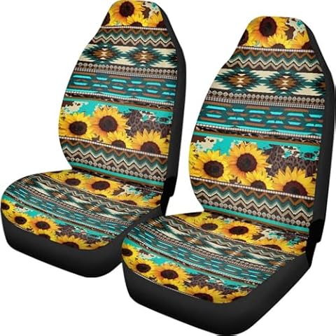 UNICEU Sunflower Car Accessories for Women Girls 2 Pcs Auto Front Seat Covers Sounthwest Aztec Geometric Floral Car Seat Covers, Universal Cover